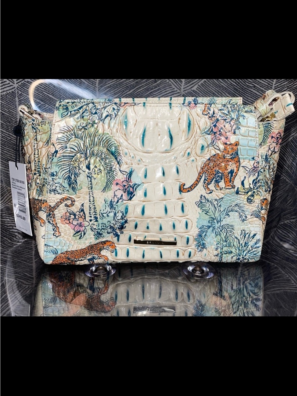 Brahmin Cream Tropical Croc-Embossed Crossbody with Teal & Orange Accents
